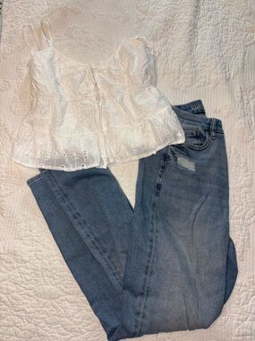 White Eyelet Lace Top with Blue Jeans